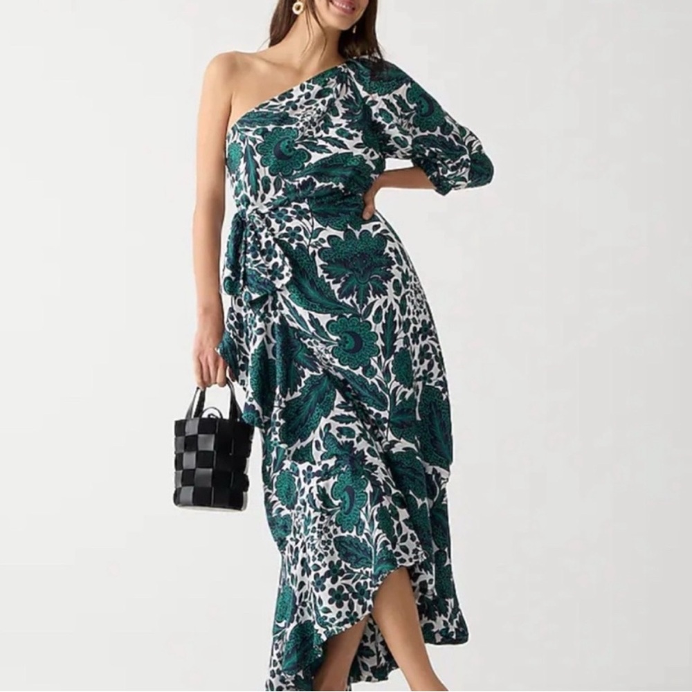 J.Crew Collection one-shoulder ruffle-hem dress in emerald floral-Size 8.
